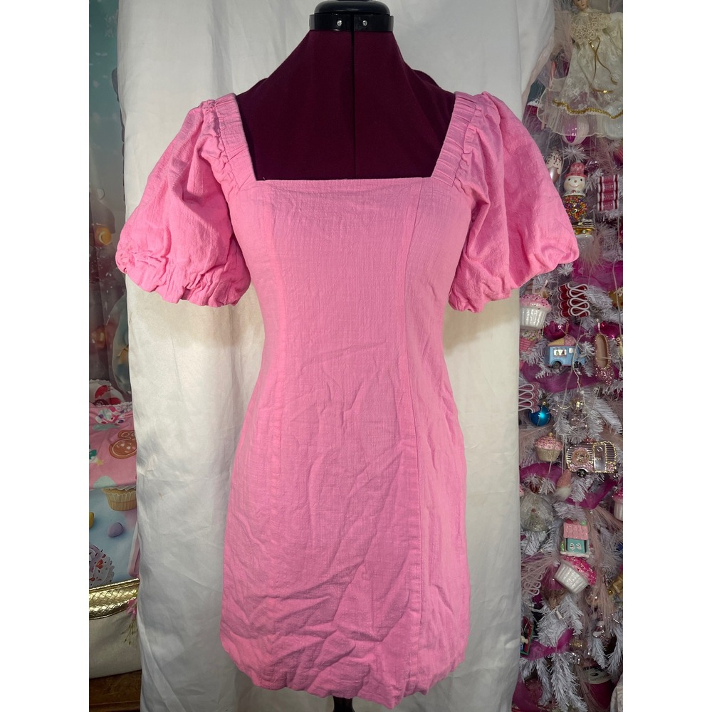 SNDYS Mini Dress Womens S Pink Good Puff Sleeve Square Neck Smocked Cotton